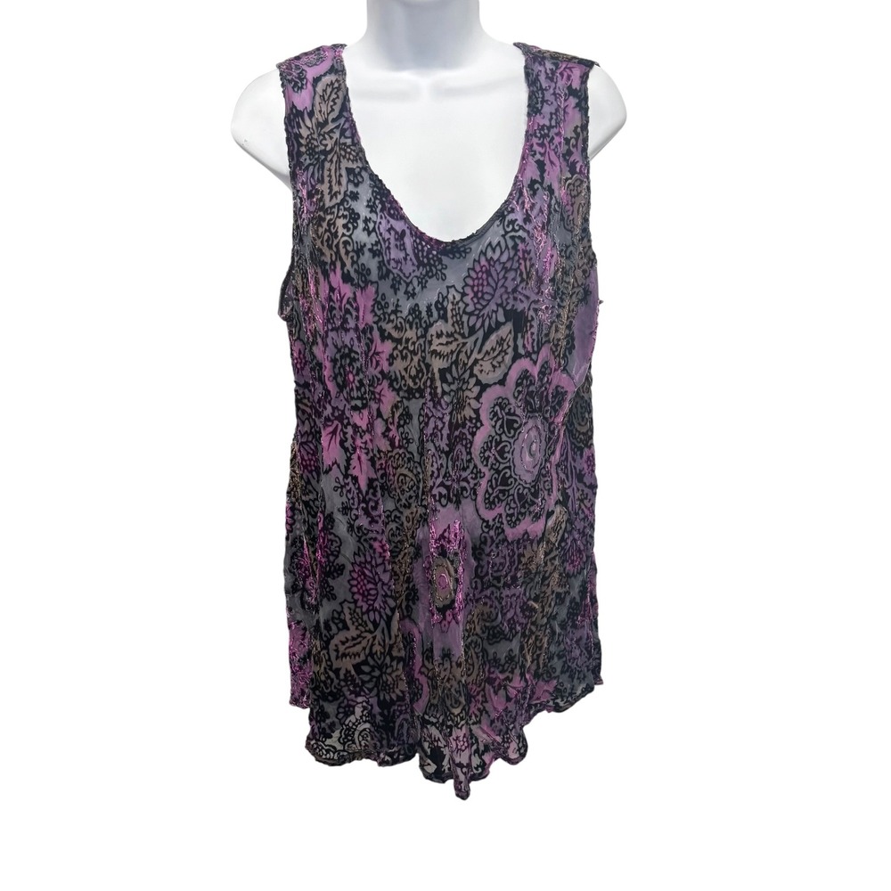 URU Silk Blend Velvet Burnout Floral Tank Top Purple Black Tunic XL USA